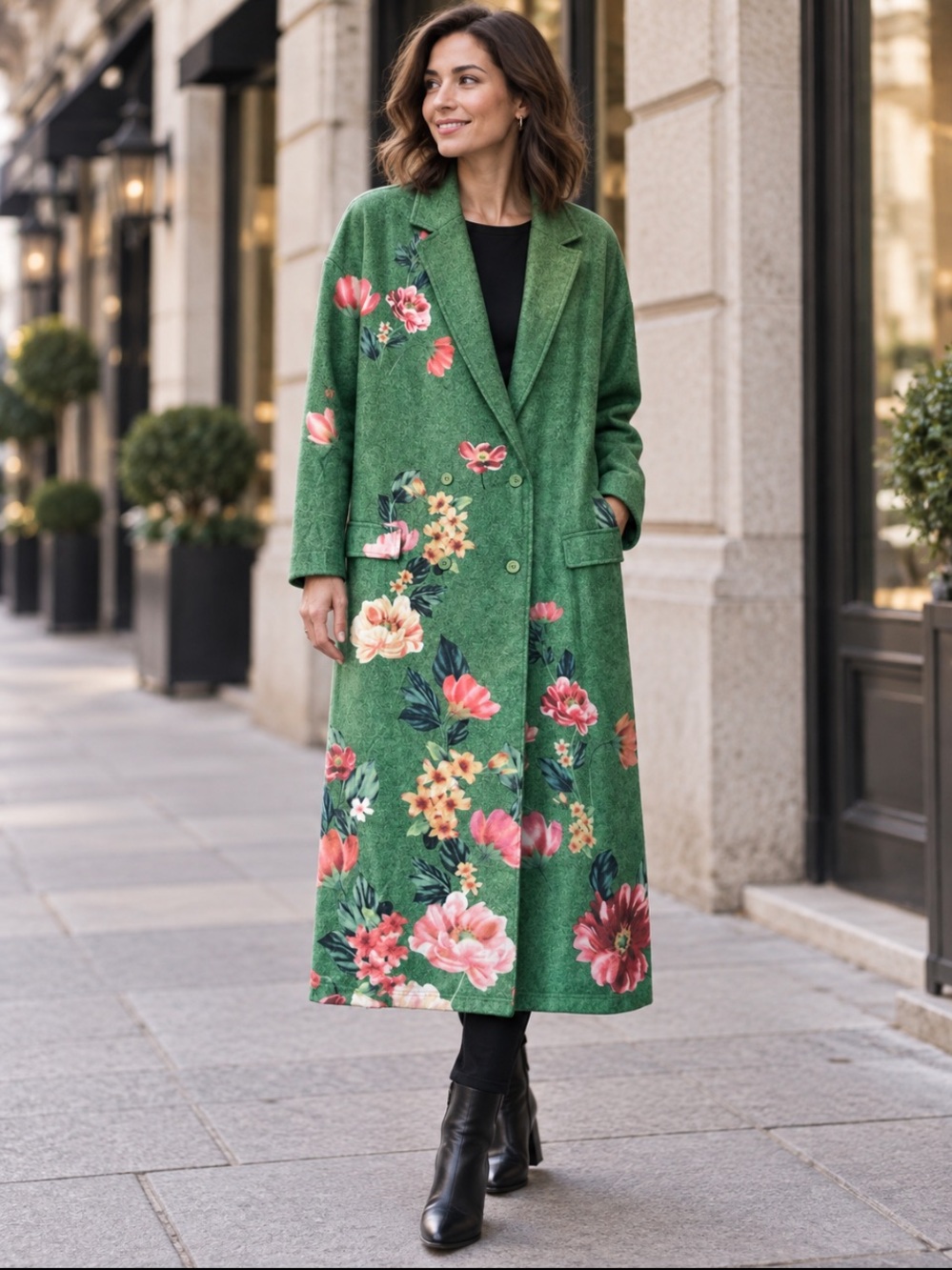Women's Green Floral Long Coat Jacket XXL